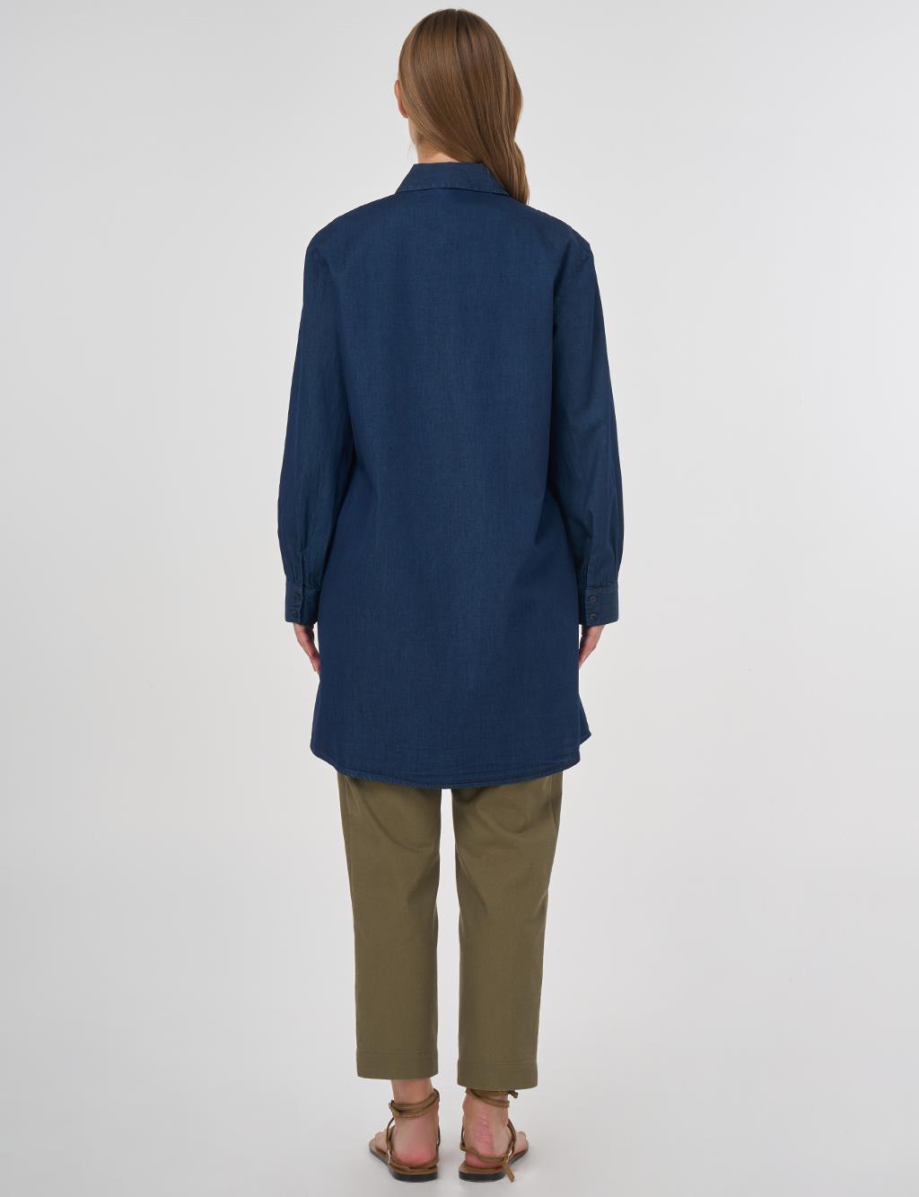 Embroidered Collar Cotton Tunic Navy 