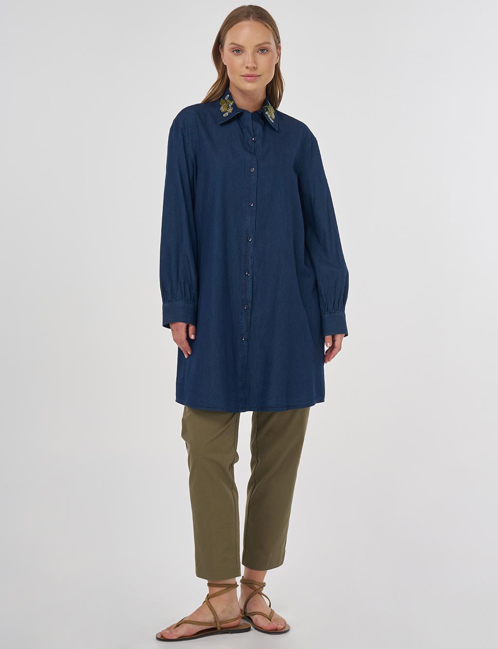Embroidered Collar Cotton Tunic Navy 
