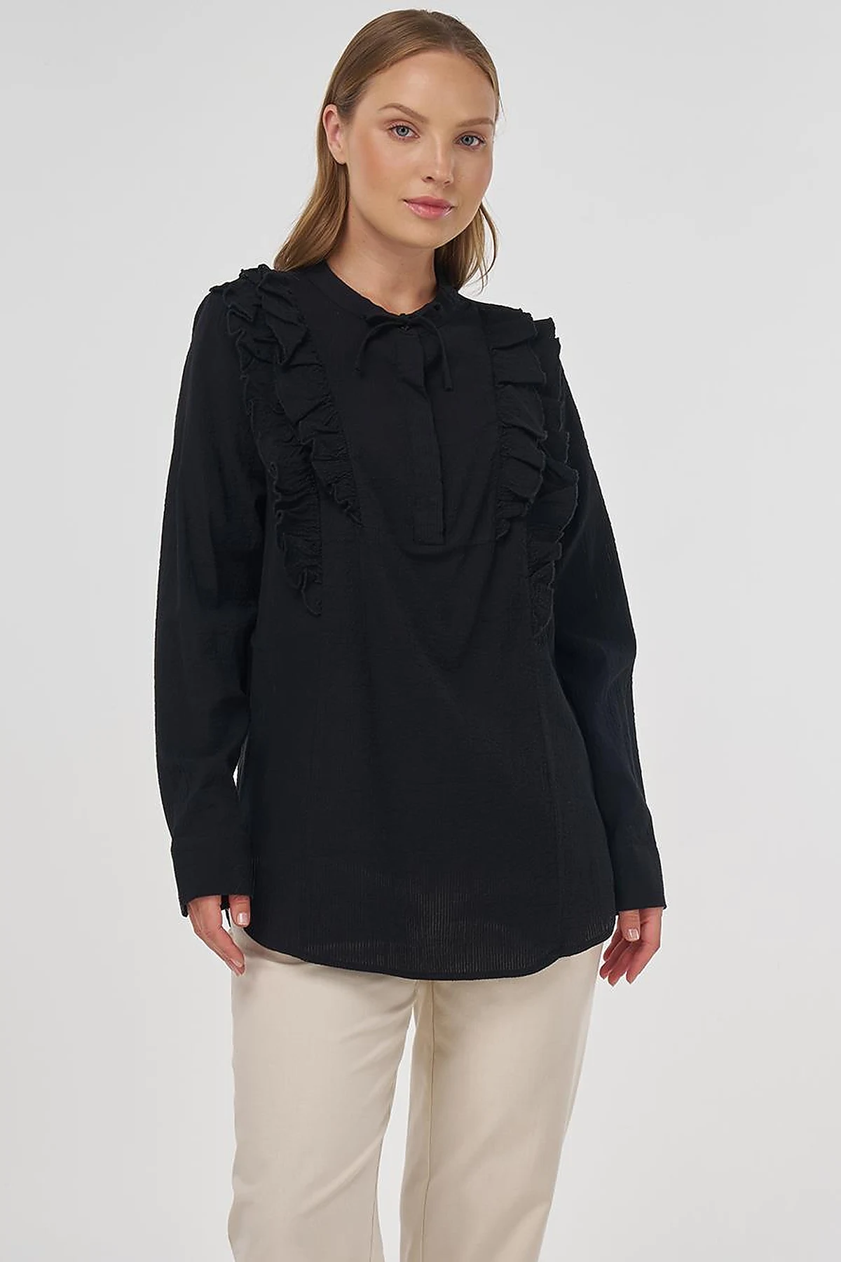 Ruffled Detail Cotton Tunic Poppy Black
