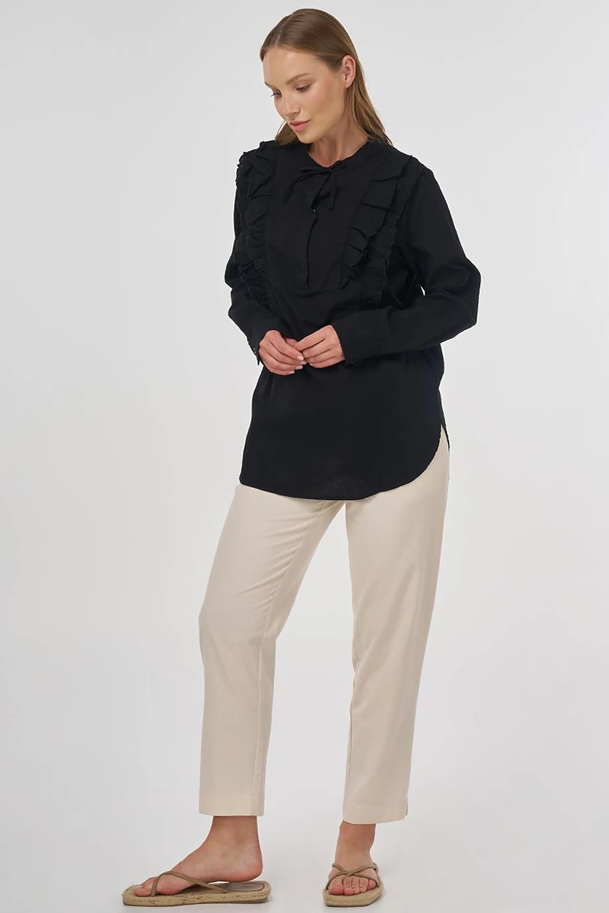 Ruffled Detail Cotton Tunic Poppy Black