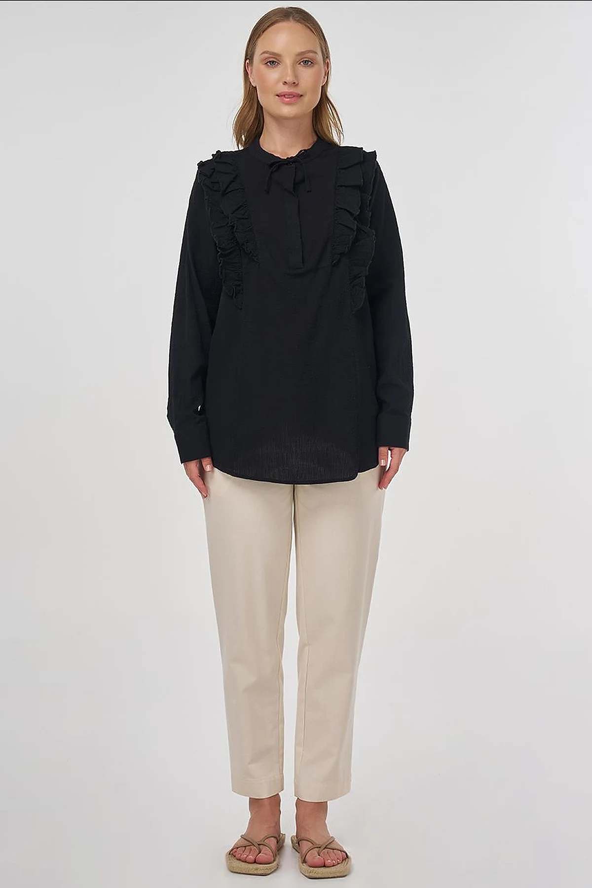 Ruffled Detail Cotton Tunic Poppy Black