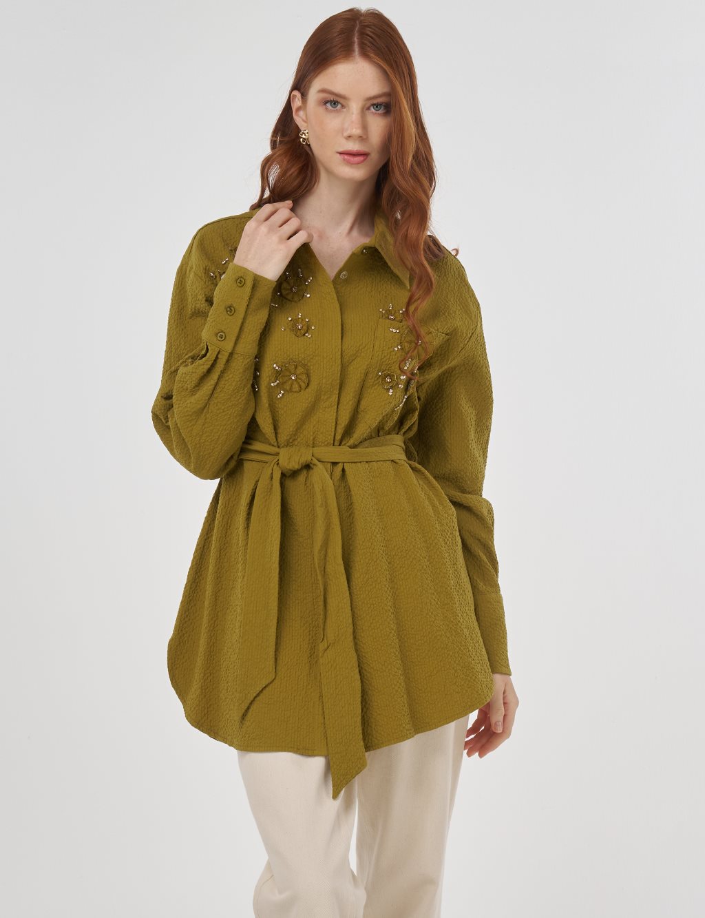 Belted Pleated Tunic in Khaki