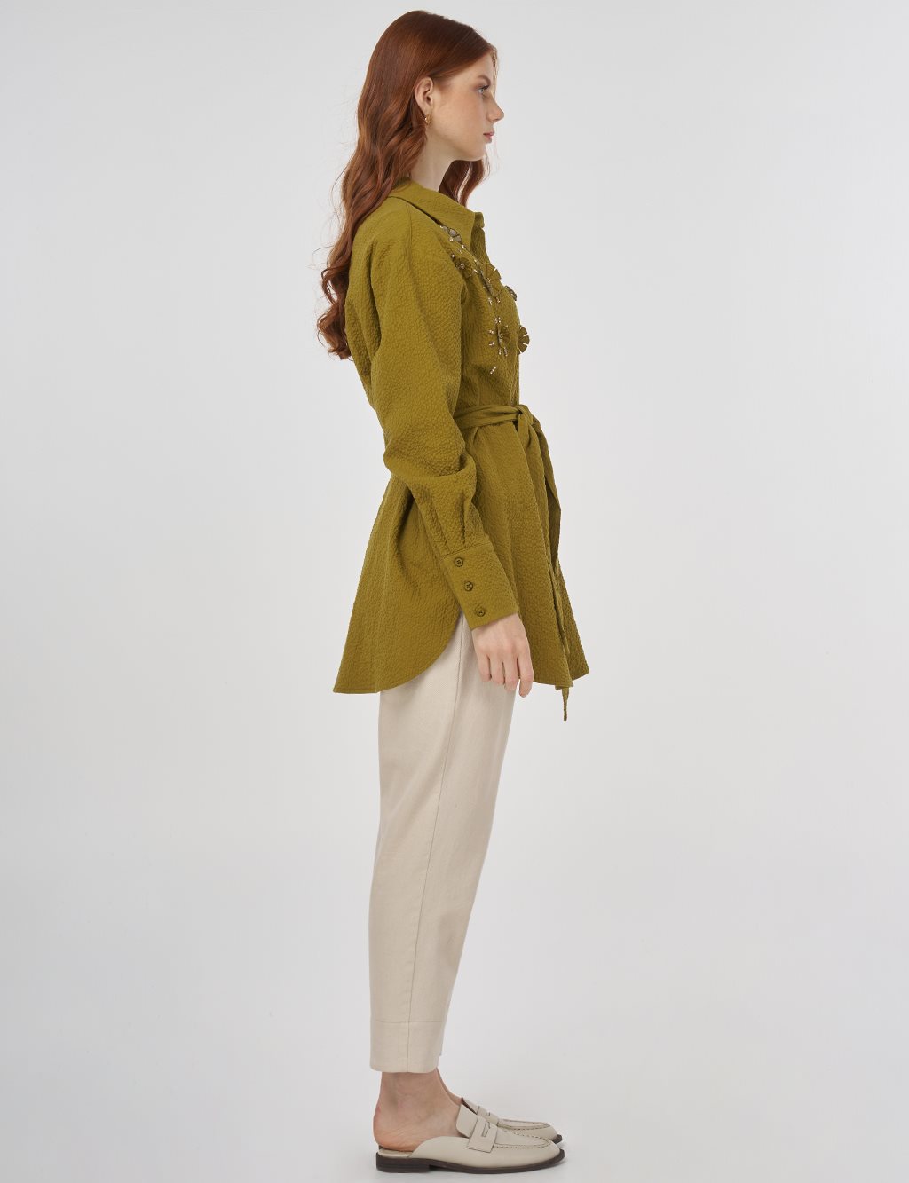 Belted Pleated Tunic in Khaki