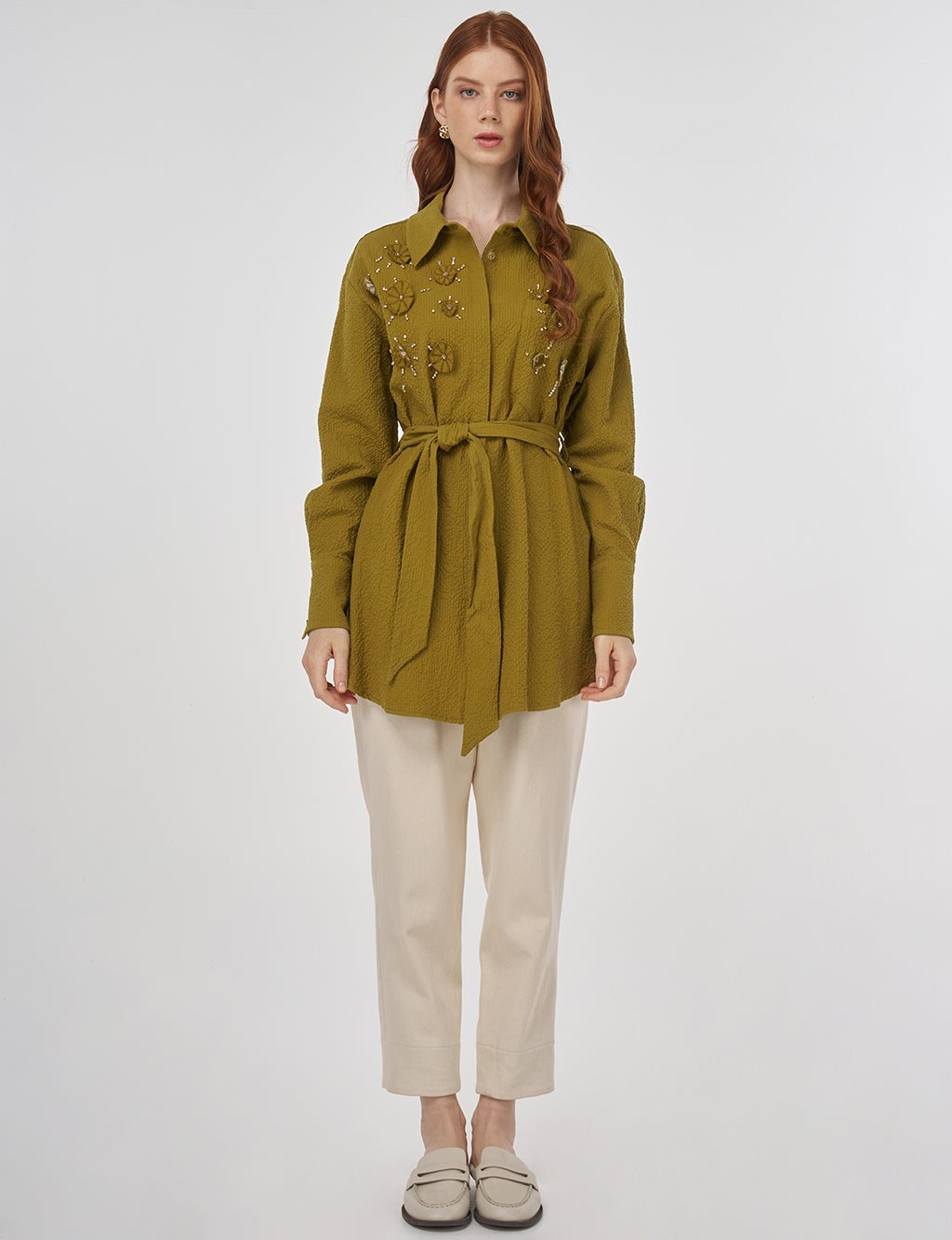 Belted Pleated Tunic in Khaki