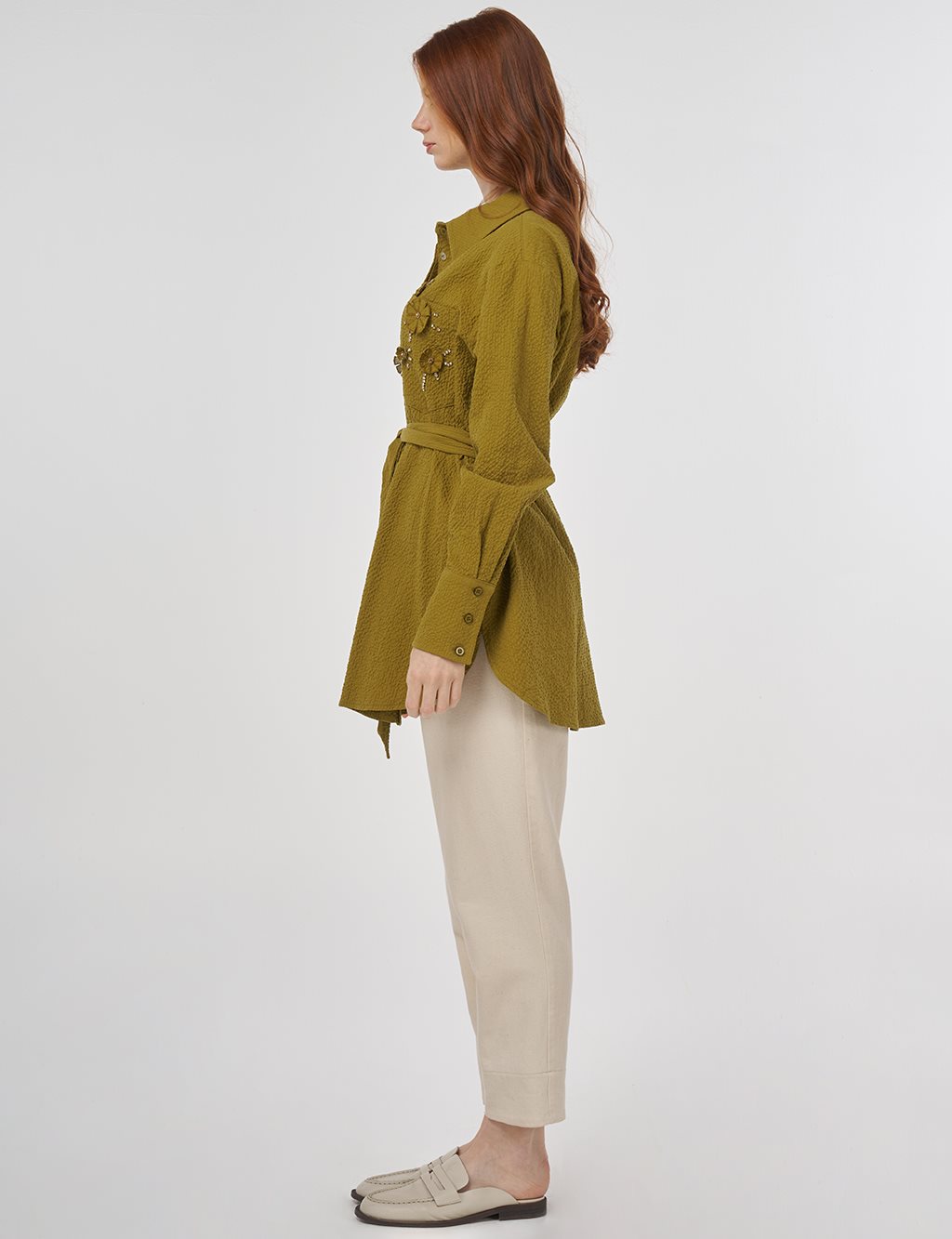 Belted Pleated Tunic in Khaki