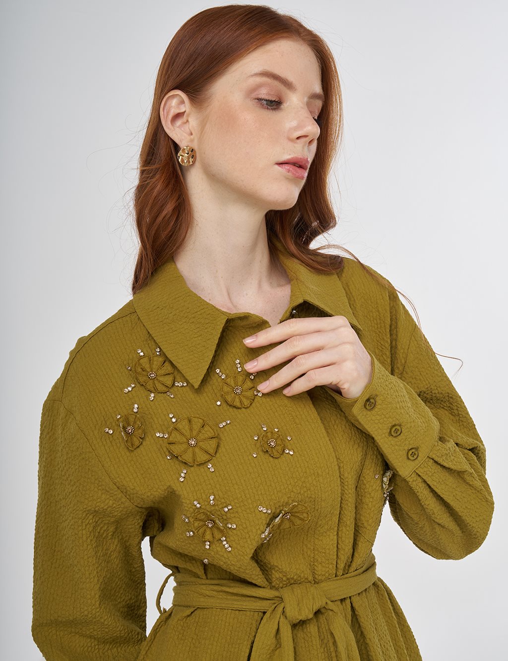 Belted Pleated Tunic in Khaki
