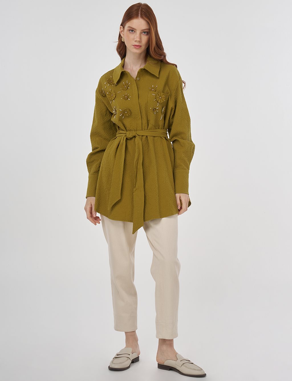 Belted Pleated Tunic in Khaki