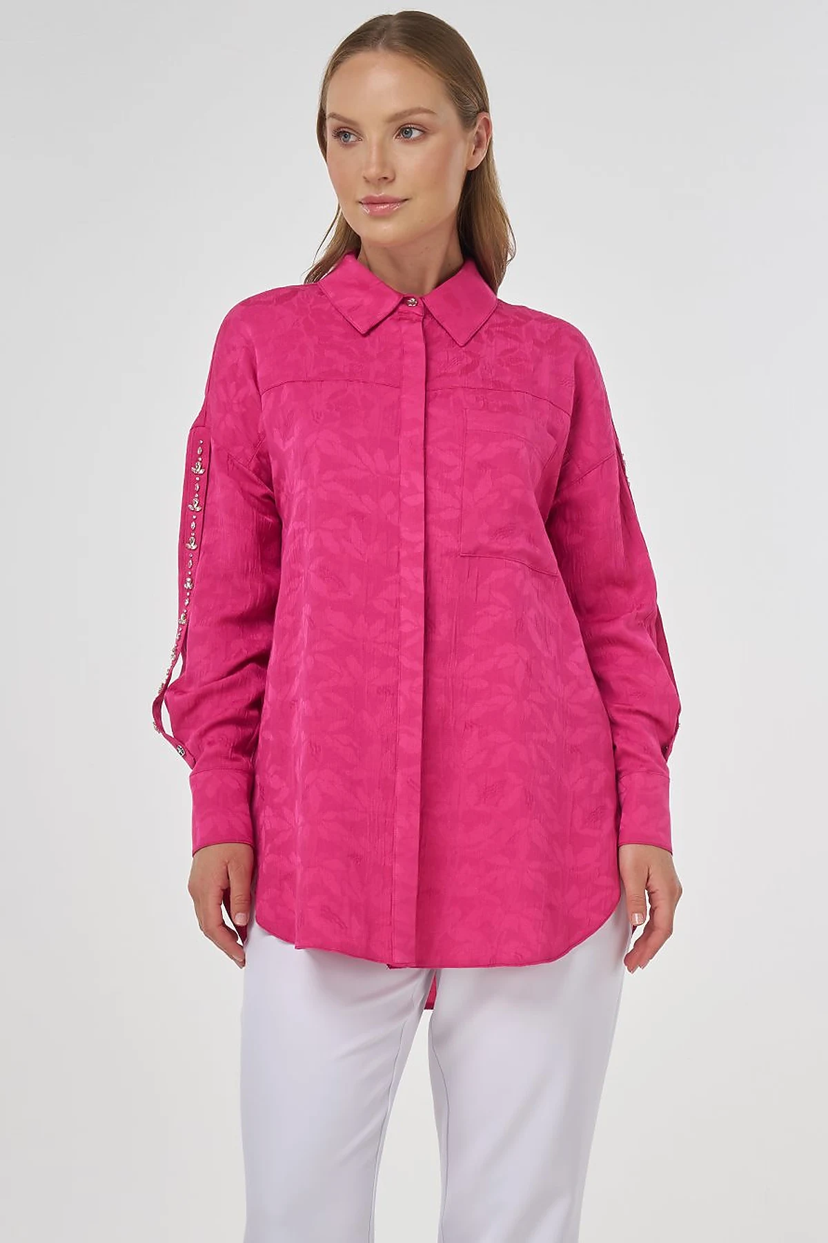 Embroidered Detail Viscose Tunic Fuchsia
