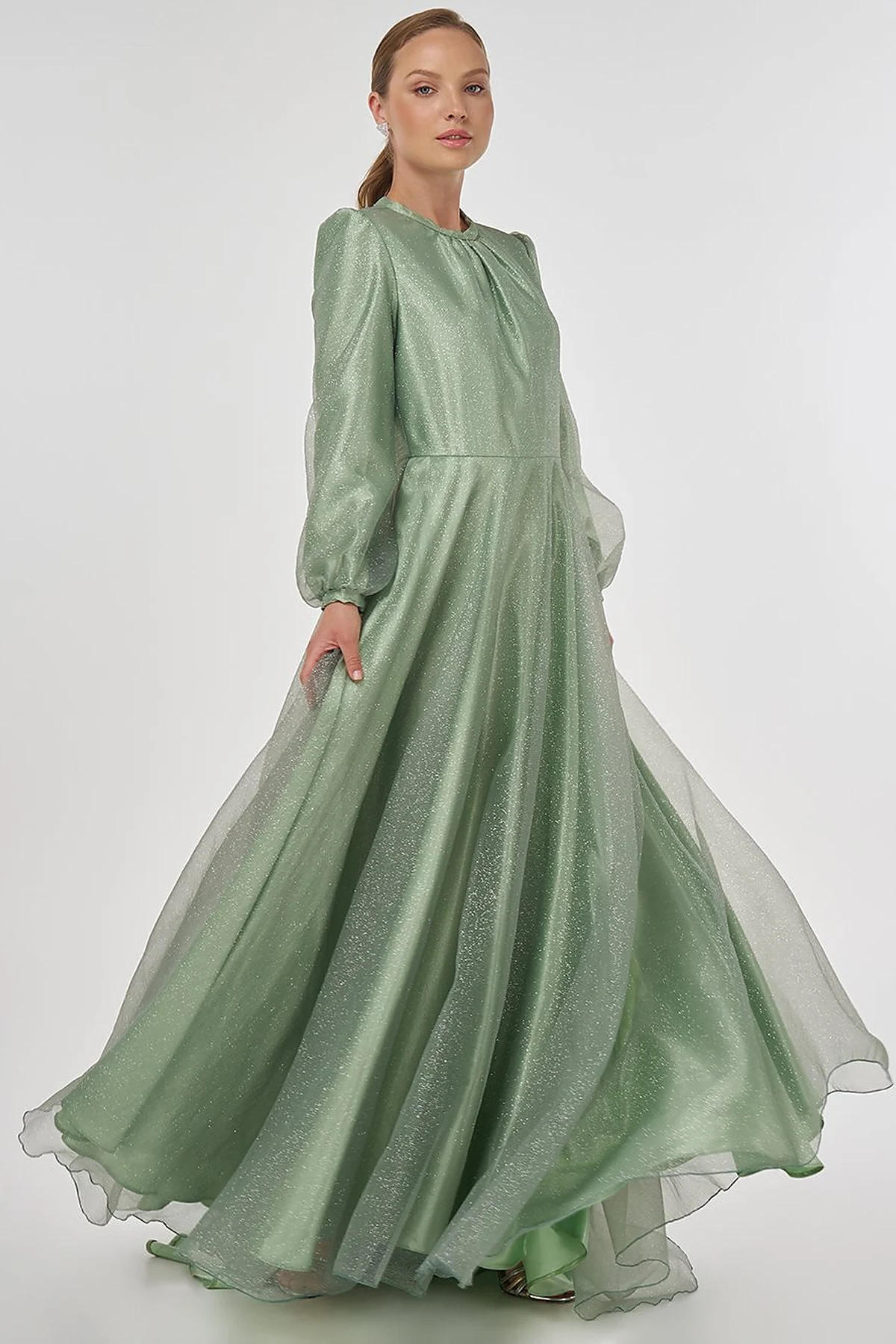 Glitter Evening Dress with Tulle Overlay - Sage 