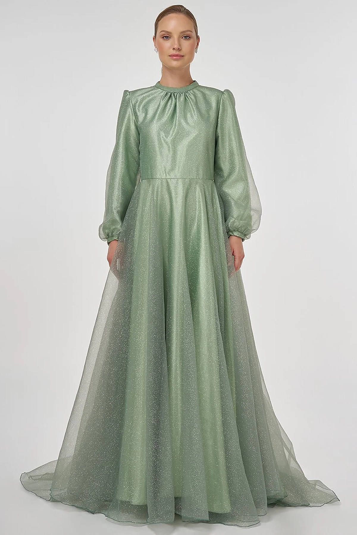 Glitter Evening Dress with Tulle Overlay - Sage 