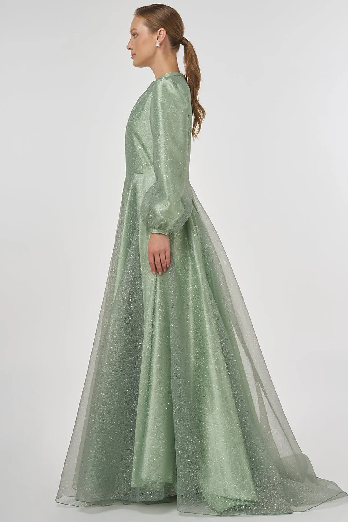Glitter Evening Dress with Tulle Overlay - Sage 
