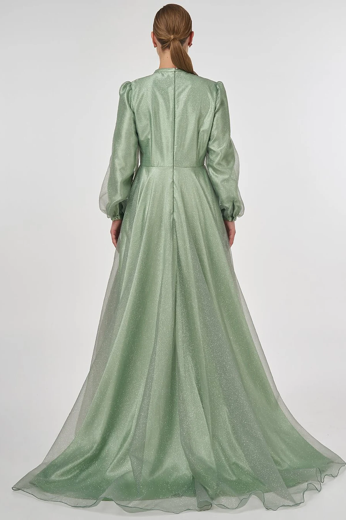 Glitter Evening Dress with Tulle Overlay - Sage 