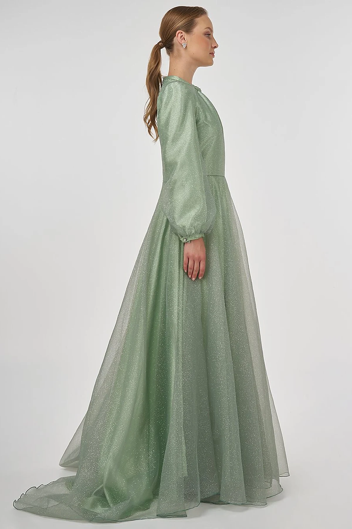 Glitter Evening Dress with Tulle Overlay - Sage 