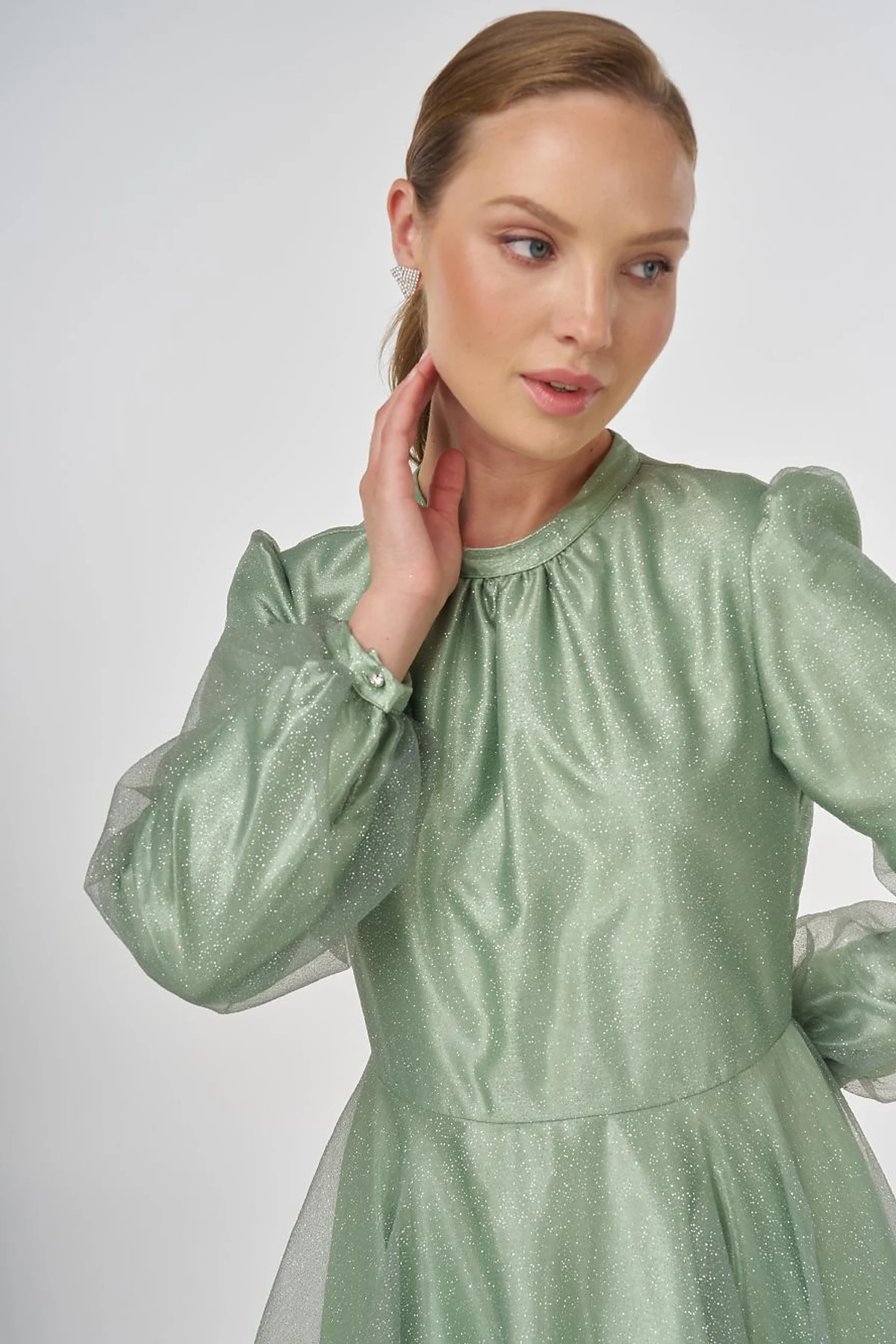 Glitter Evening Dress with Tulle Overlay - Sage 