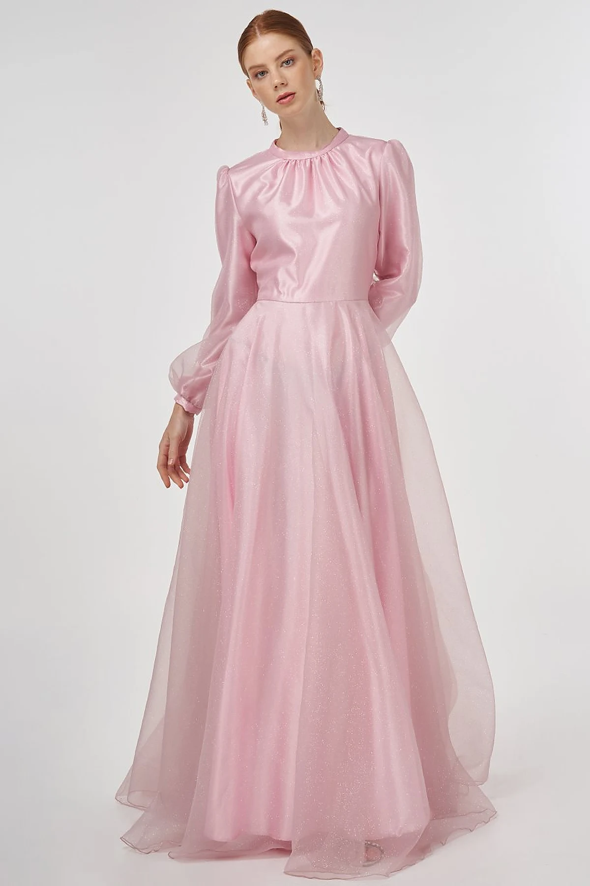 Glitter Evening Dress with Tulle Overlay - Powder