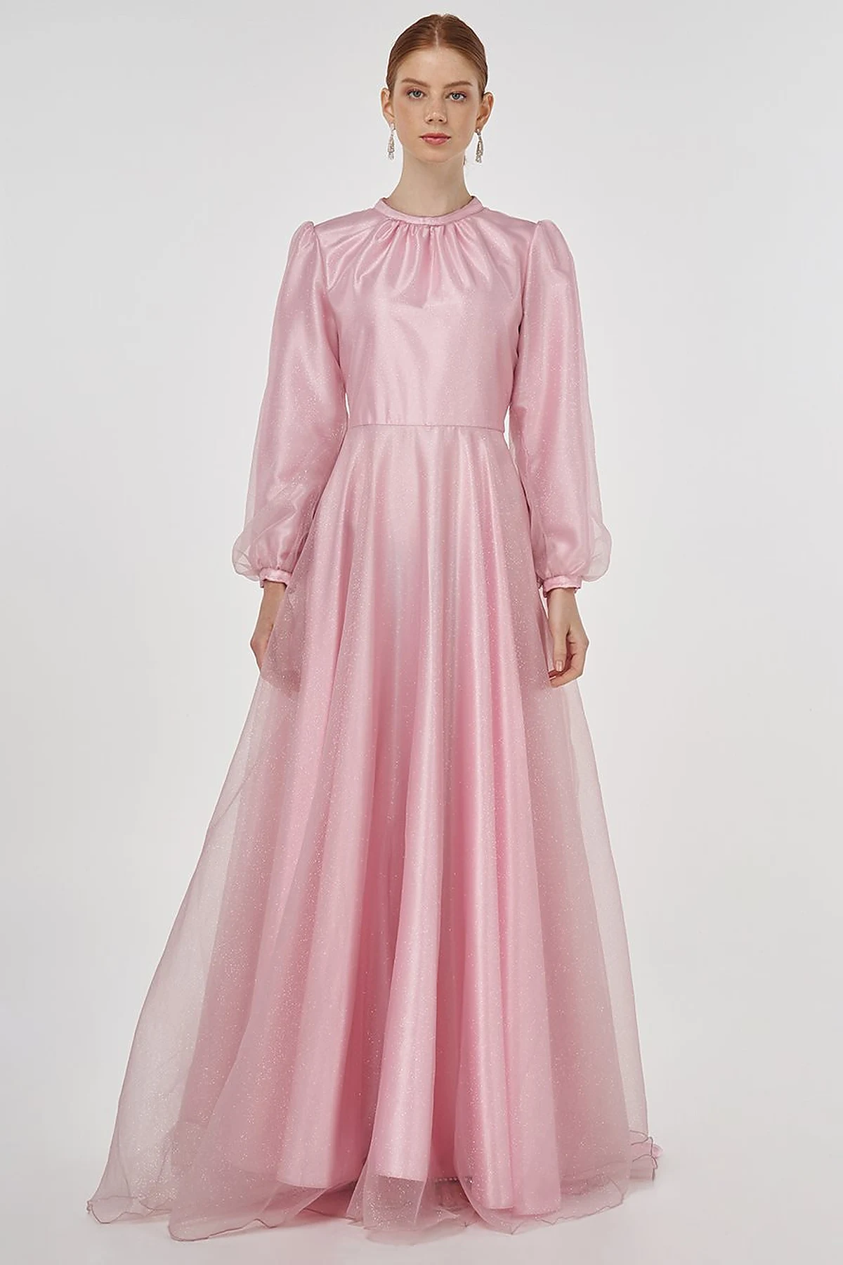 Glitter Evening Dress with Tulle Overlay - Powder