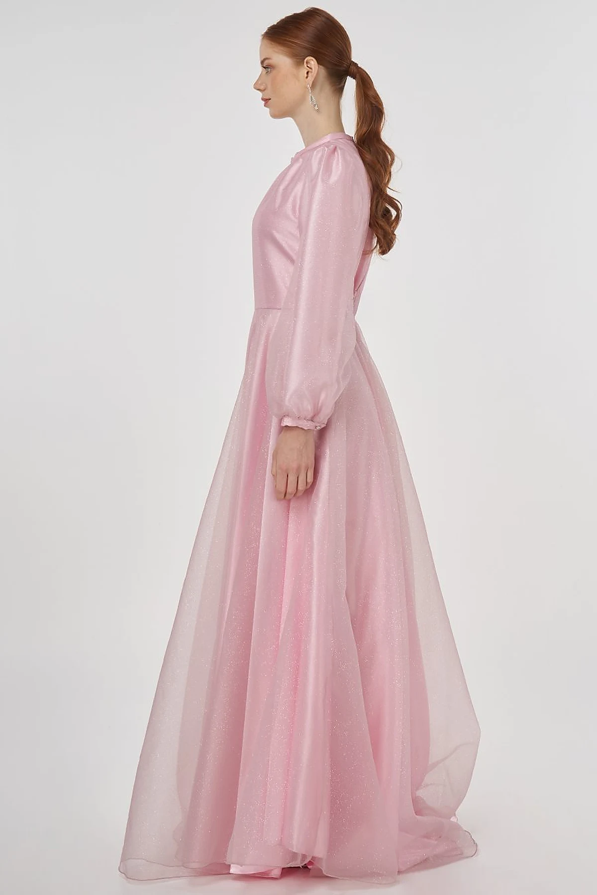 Glitter Evening Dress with Tulle Overlay - Powder