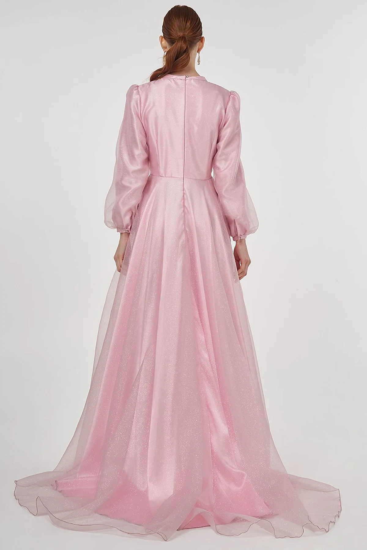 Glitter Evening Dress with Tulle Overlay - Powder