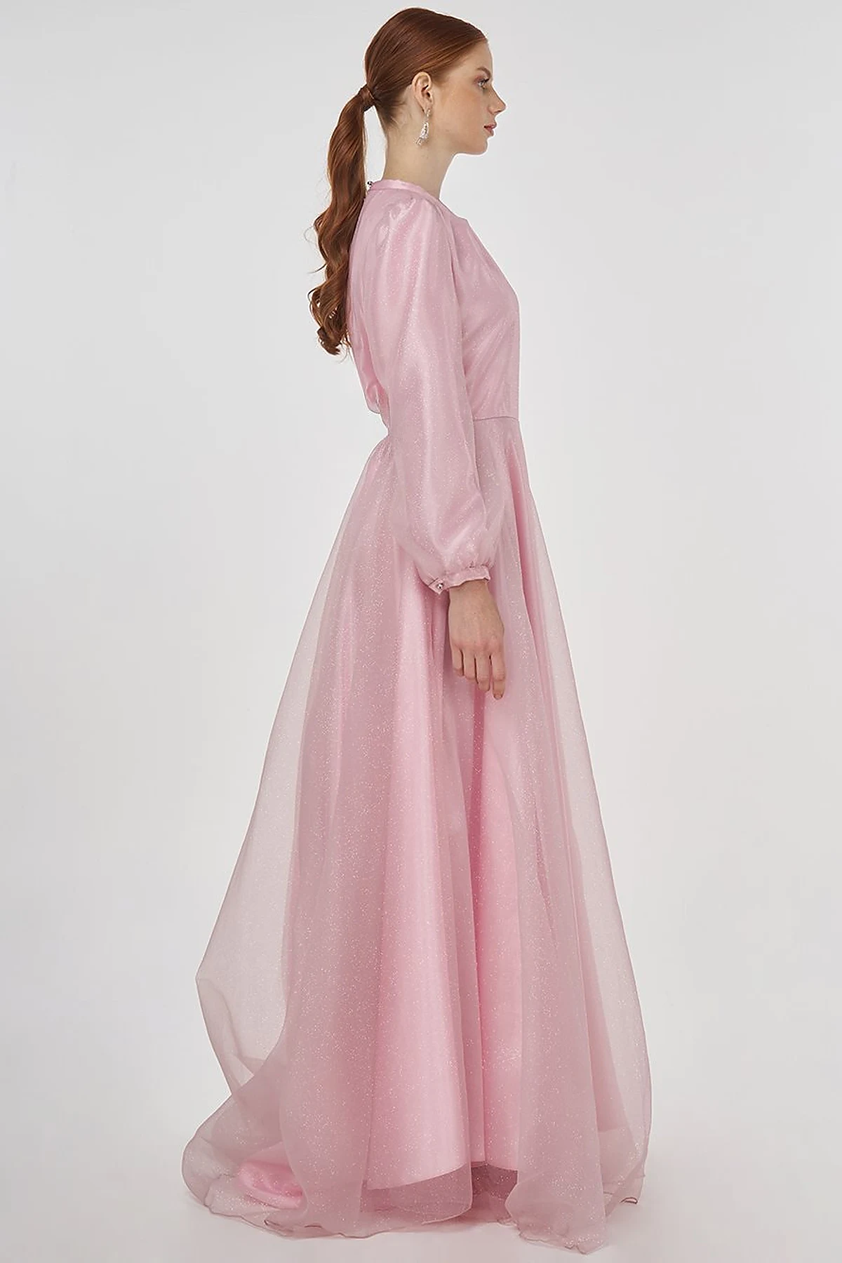 Glitter Evening Dress with Tulle Overlay - Powder
