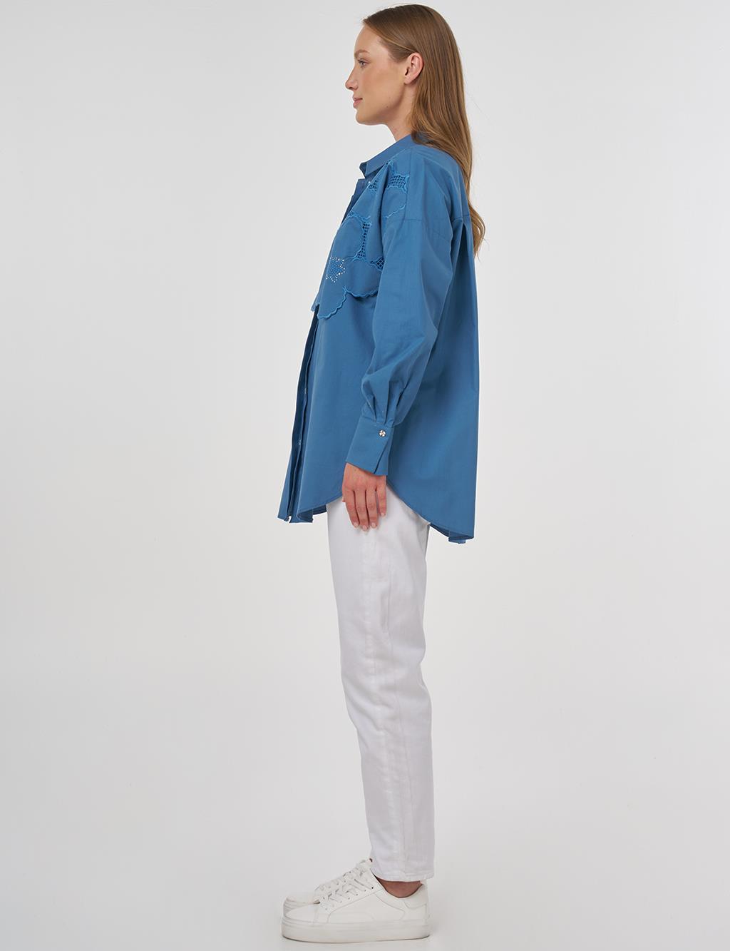 Embroidered Appliqué Cotton Tunic Crown Blue