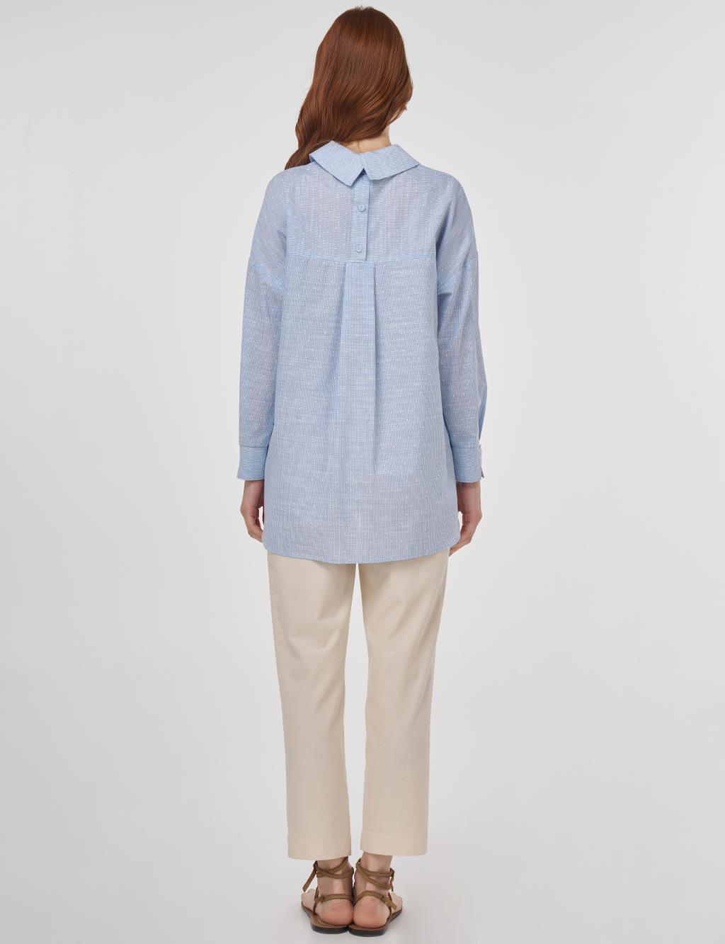  Floral Appliqué Cotton Blouse Blue