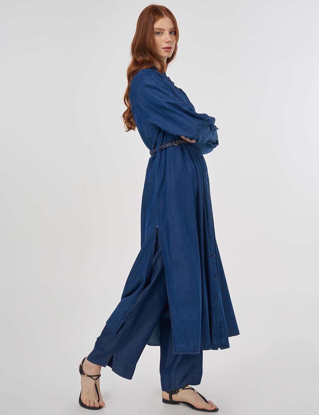 Pintuck-Stitched Lyocell Tunic - Navy Blue