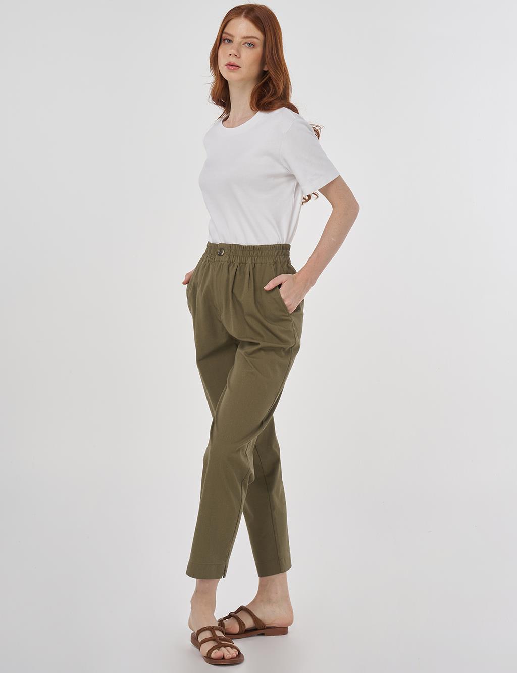 Elasticated Waist Straight-Leg Pants Khaki 