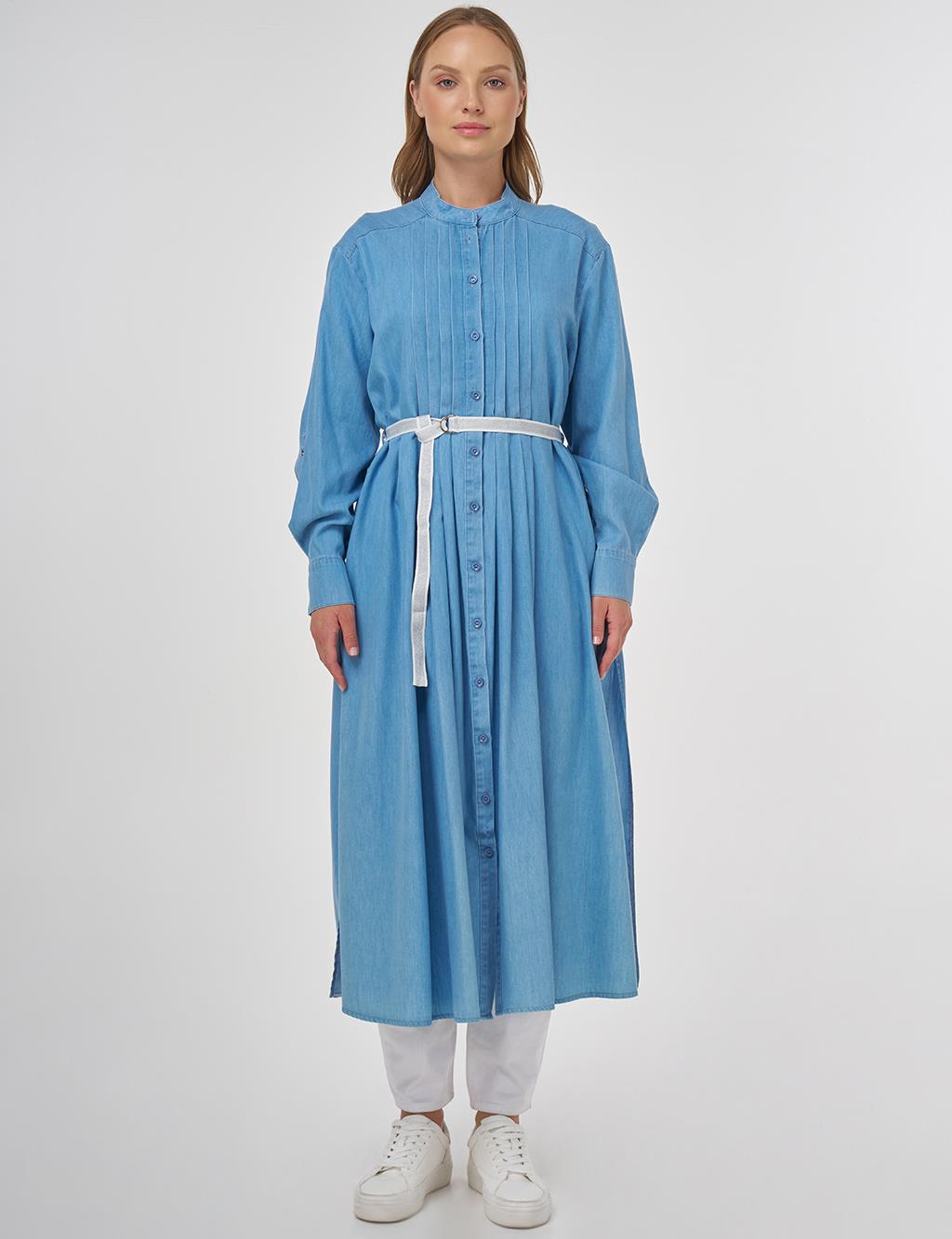 Pintuck-Stitched Lyocell Tunic- Ice Blue