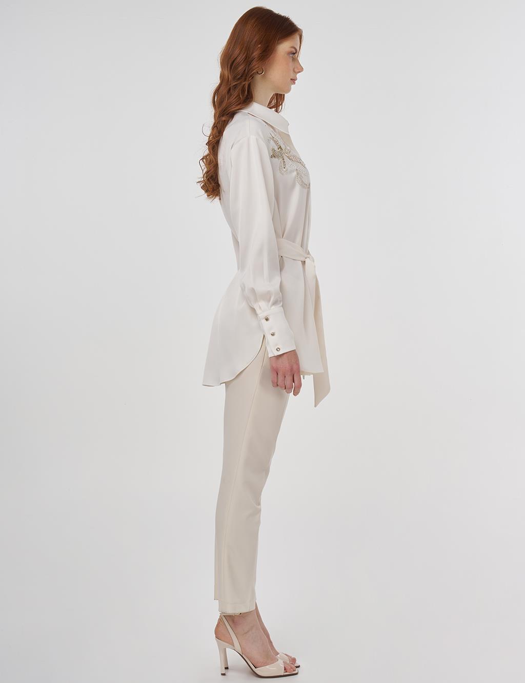 Embroidered Belted Satin Tunic in Ecru