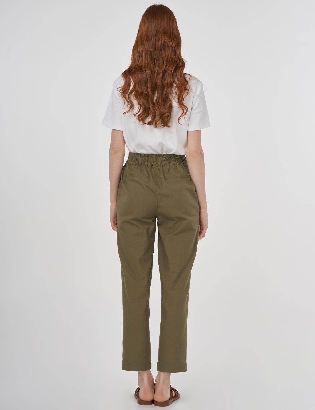 Elasticated Waist Straight-Leg Pants Khaki 