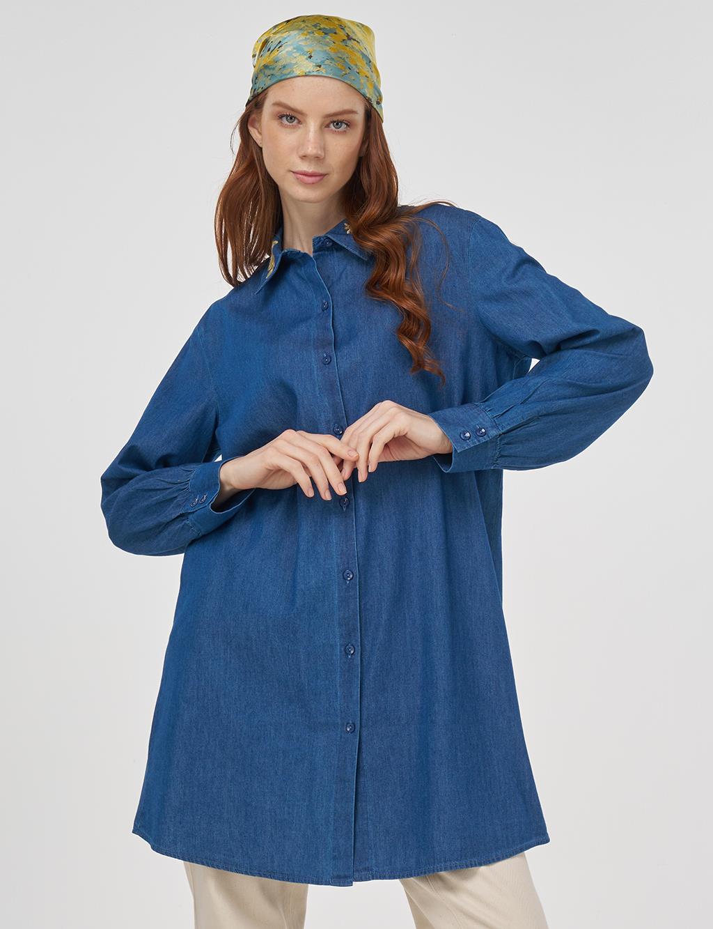Embroidered Collar Cotton Tunic Indigo