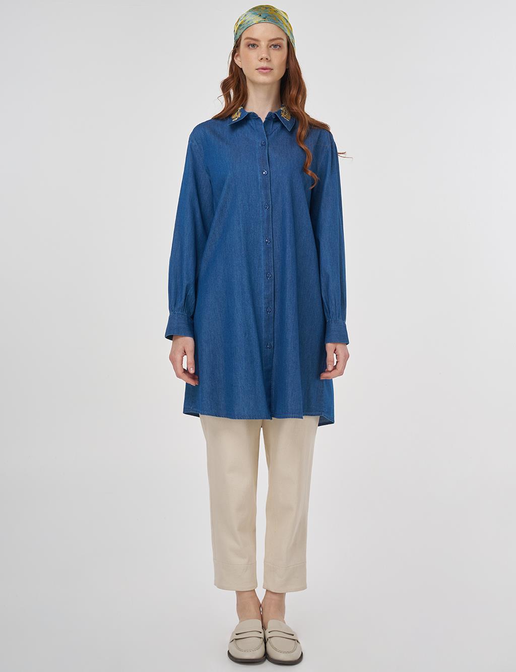 Embroidered Collar Cotton Tunic Indigo