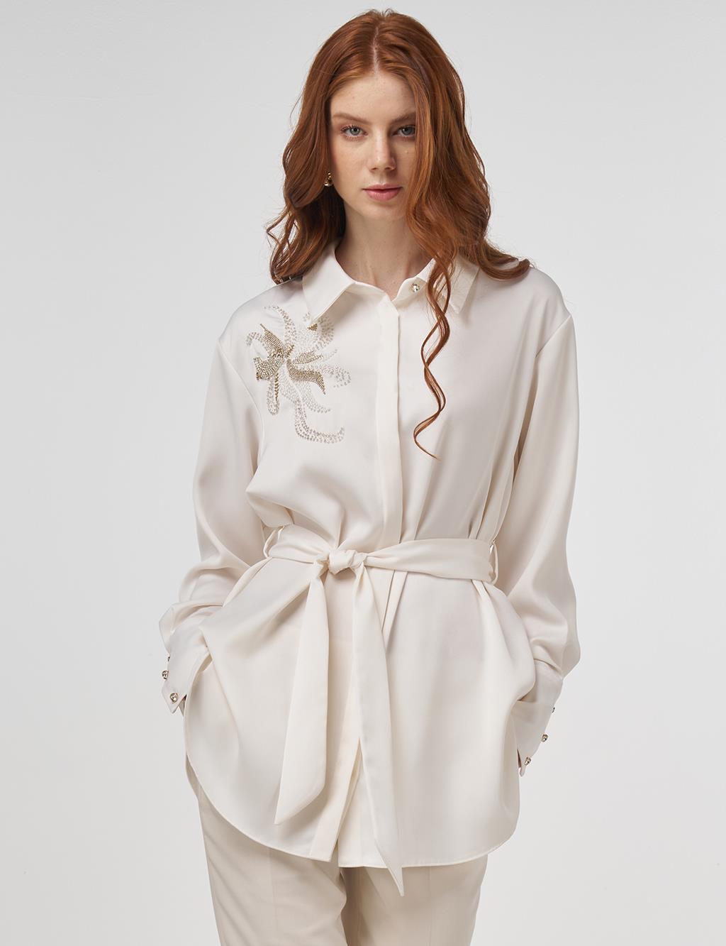 Embroidered Belted Satin Tunic in Ecru