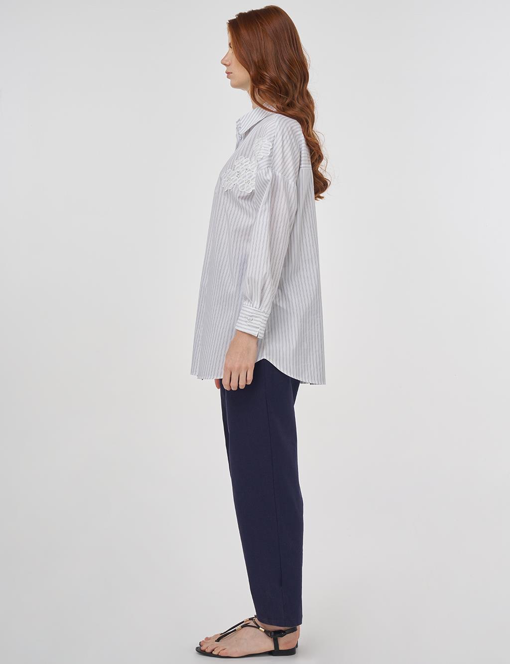 Striped Appliqué Cotton Blouse - Blue