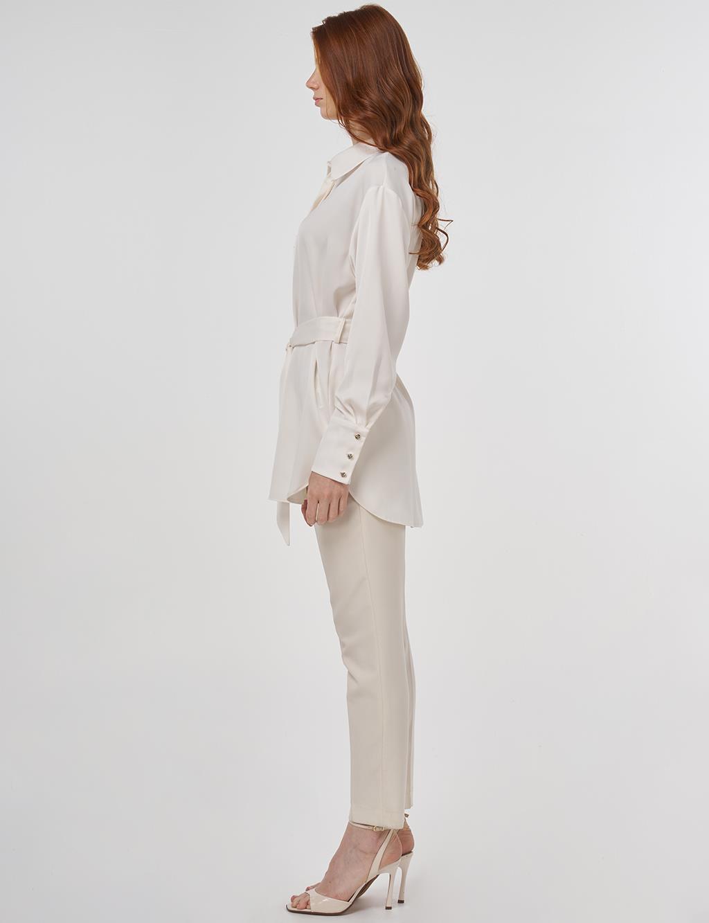 Embroidered Belted Satin Tunic in Ecru