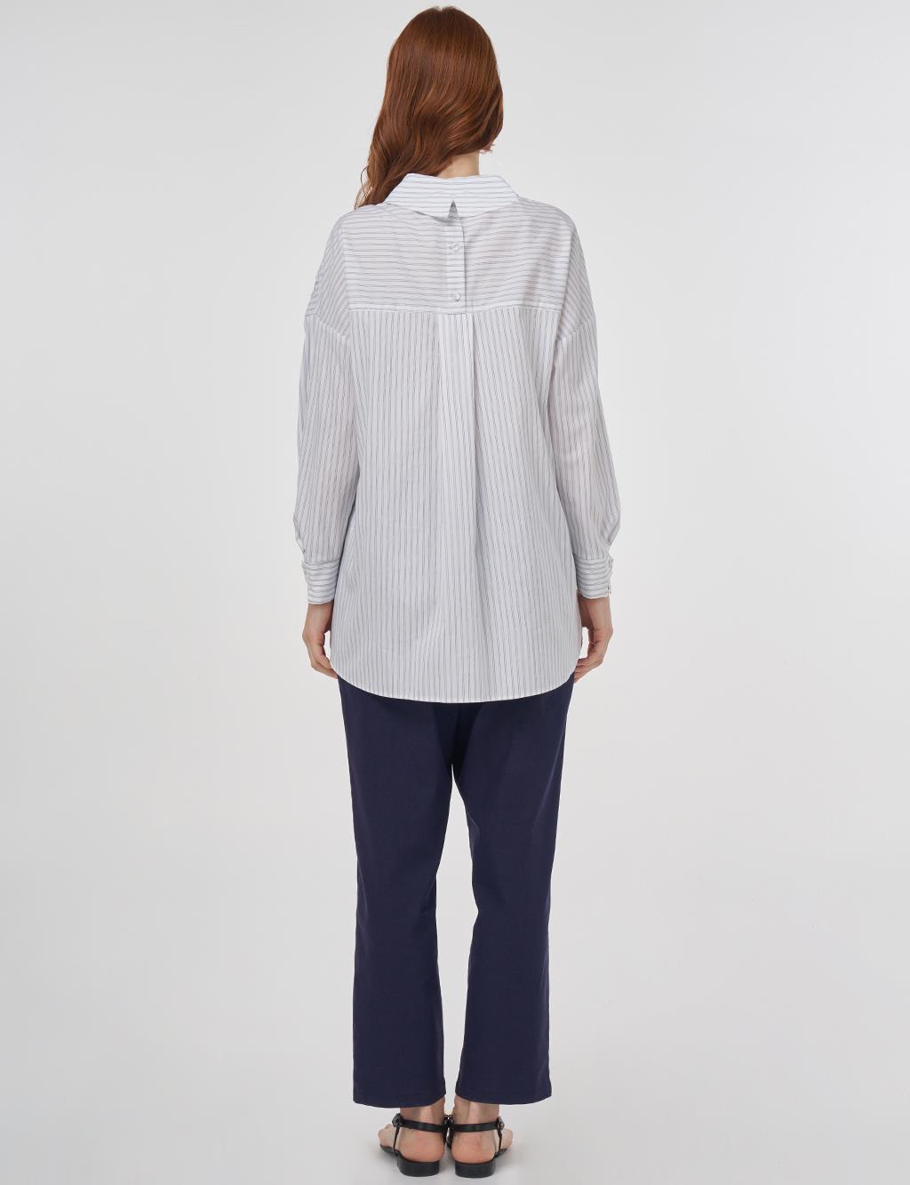 Striped Appliqué Cotton Blouse - Blue