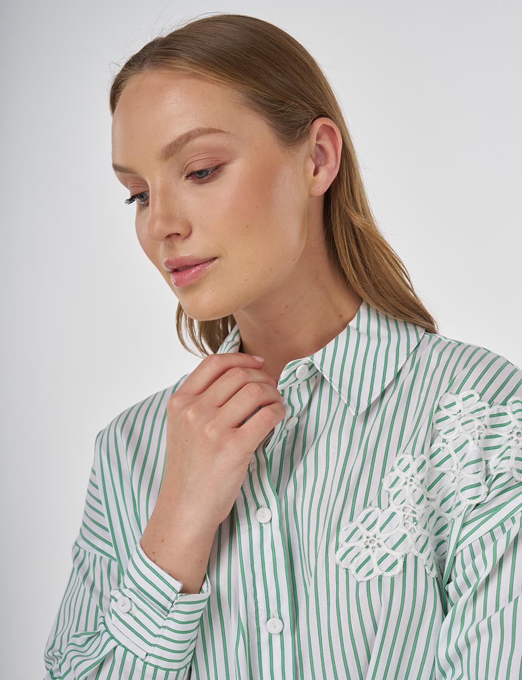 Striped Appliqué Cotton Blouse - Benetton Green