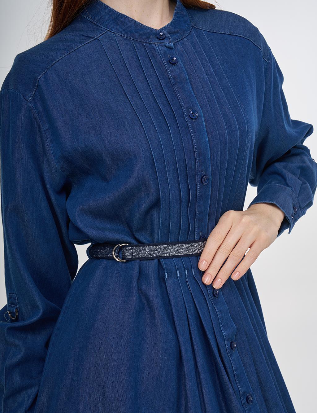 Pintuck-Stitched Lyocell Tunic - Navy Blue
