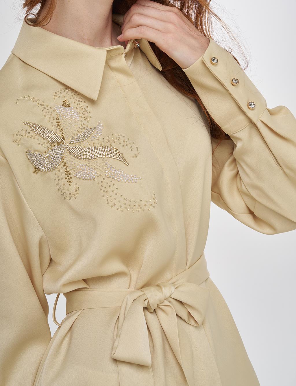 Embroidered Belted Satin Tunic in Light Yellow
