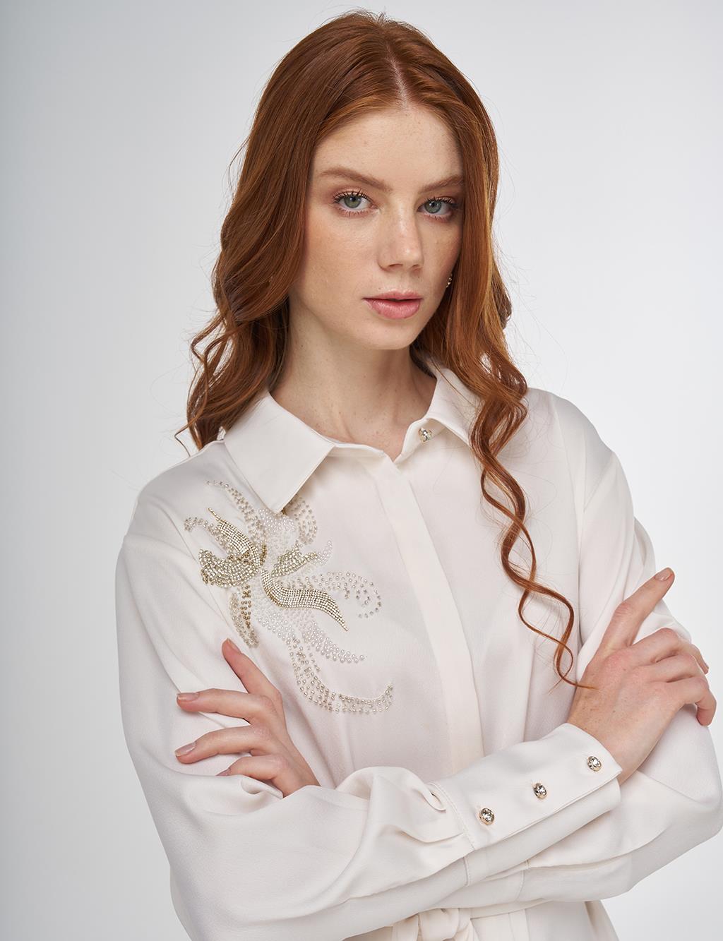 Embroidered Belted Satin Tunic in Ecru
