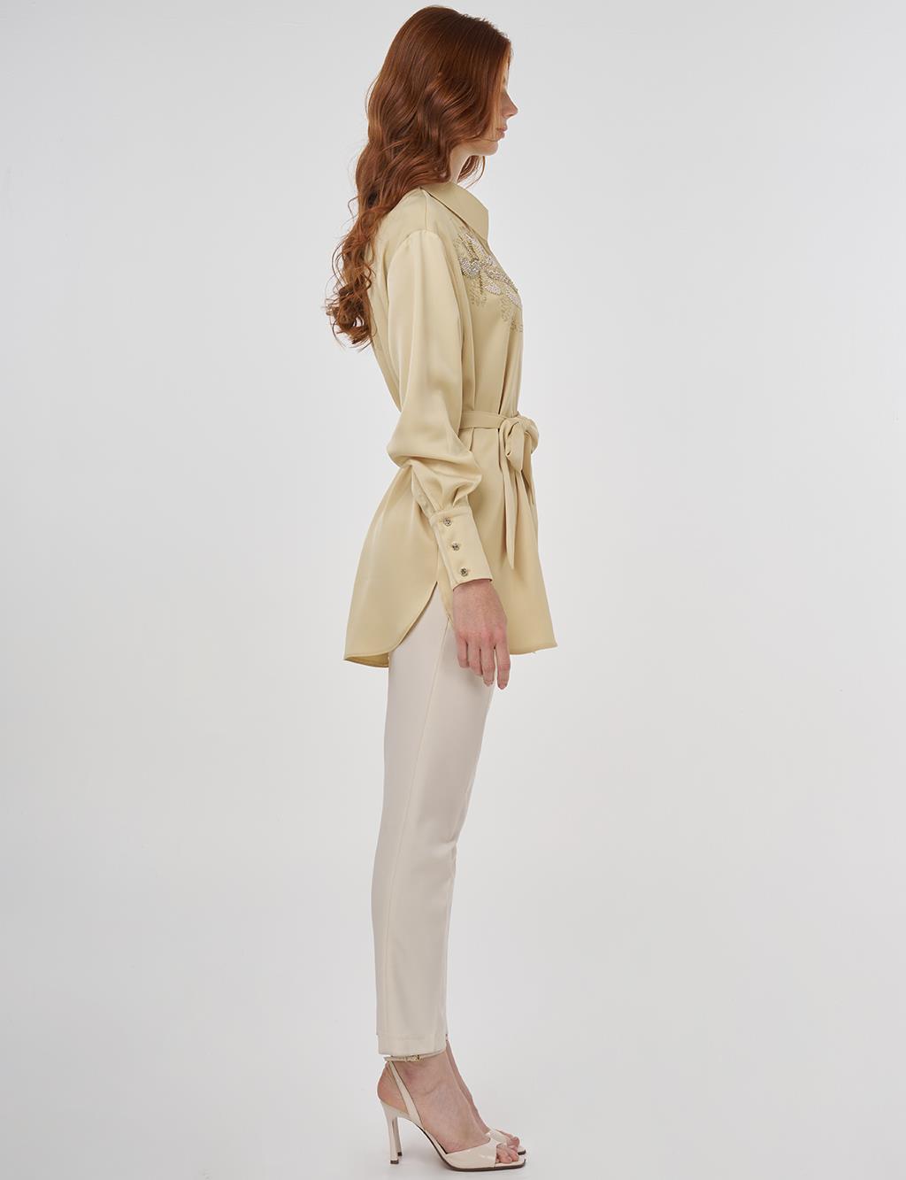 Embroidered Belted Satin Tunic in Light Yellow