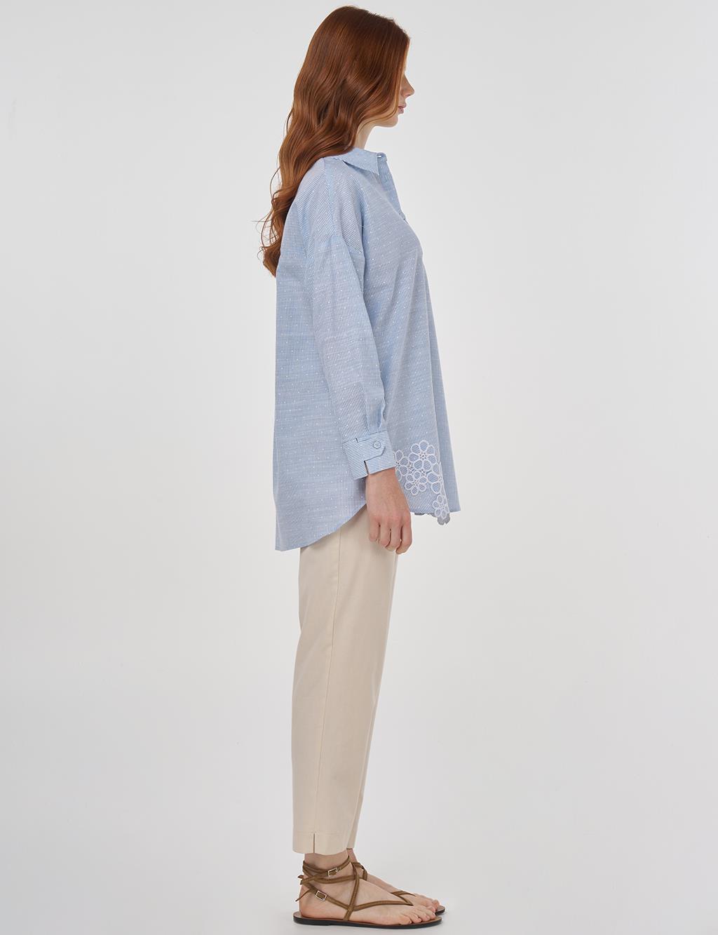  Floral Appliqué Cotton Blouse Blue