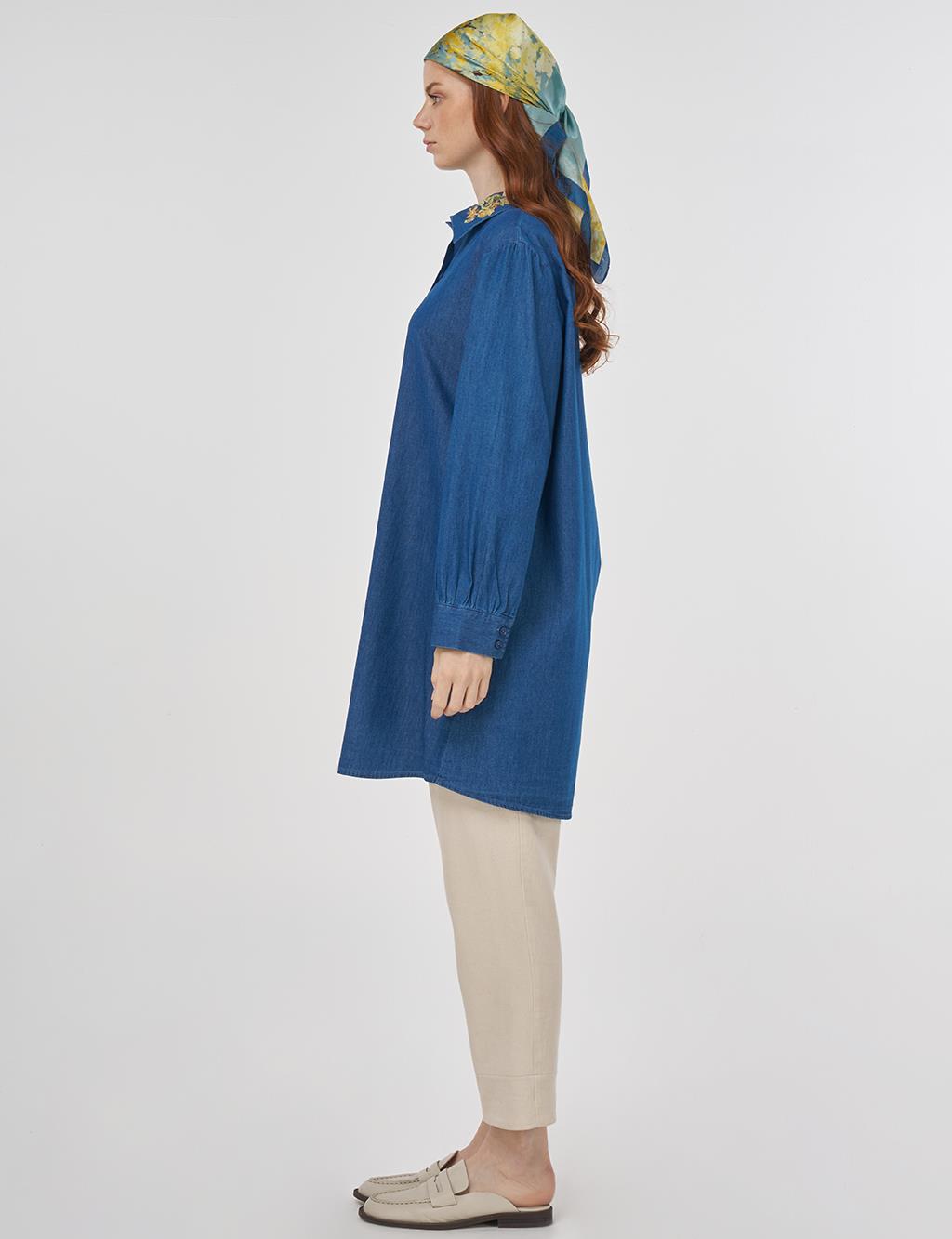 Embroidered Collar Cotton Tunic Indigo