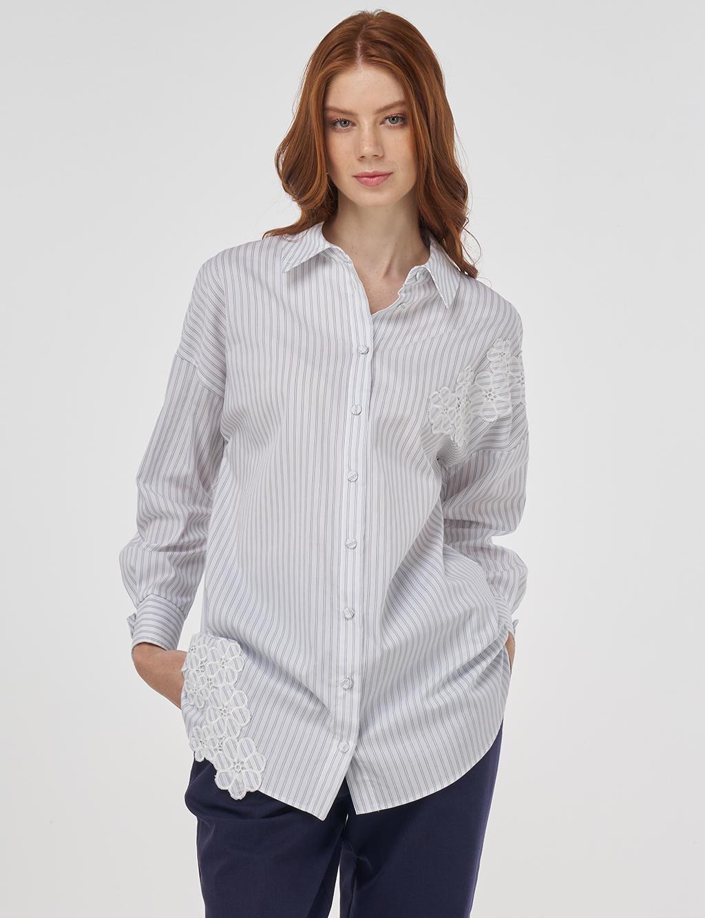 Striped Appliqué Cotton Blouse - Blue