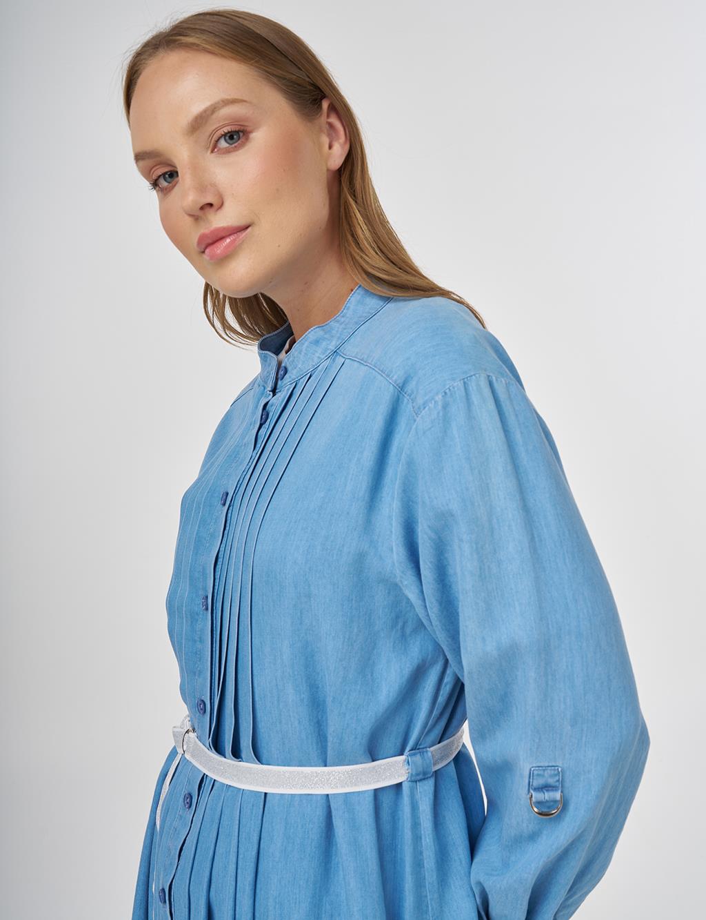 Pintuck-Stitched Lyocell Tunic- Ice Blue