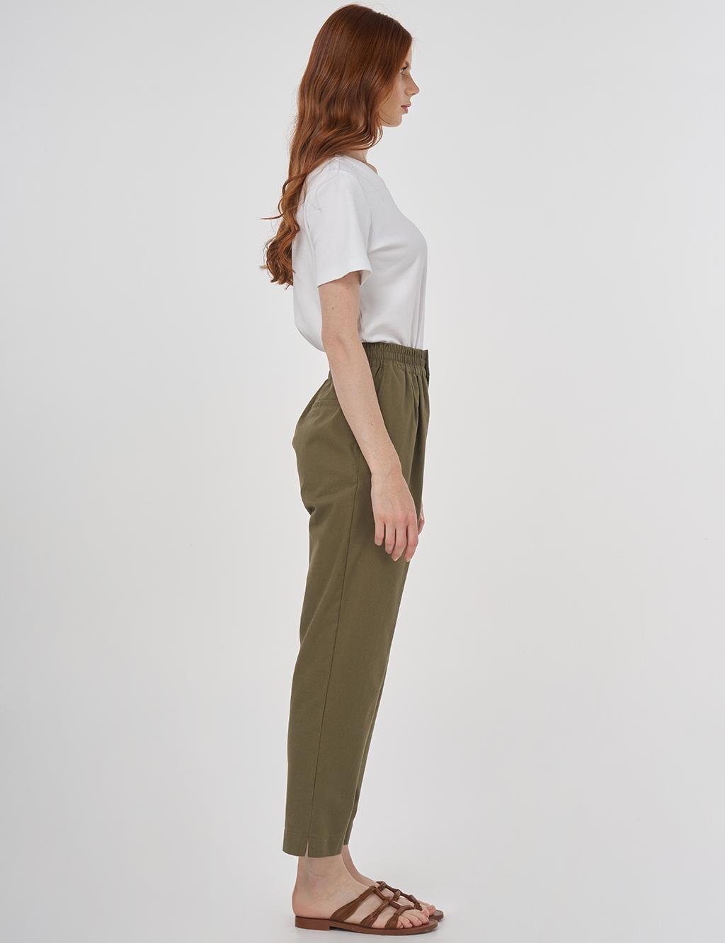 Elasticated Waist Straight-Leg Pants Khaki 