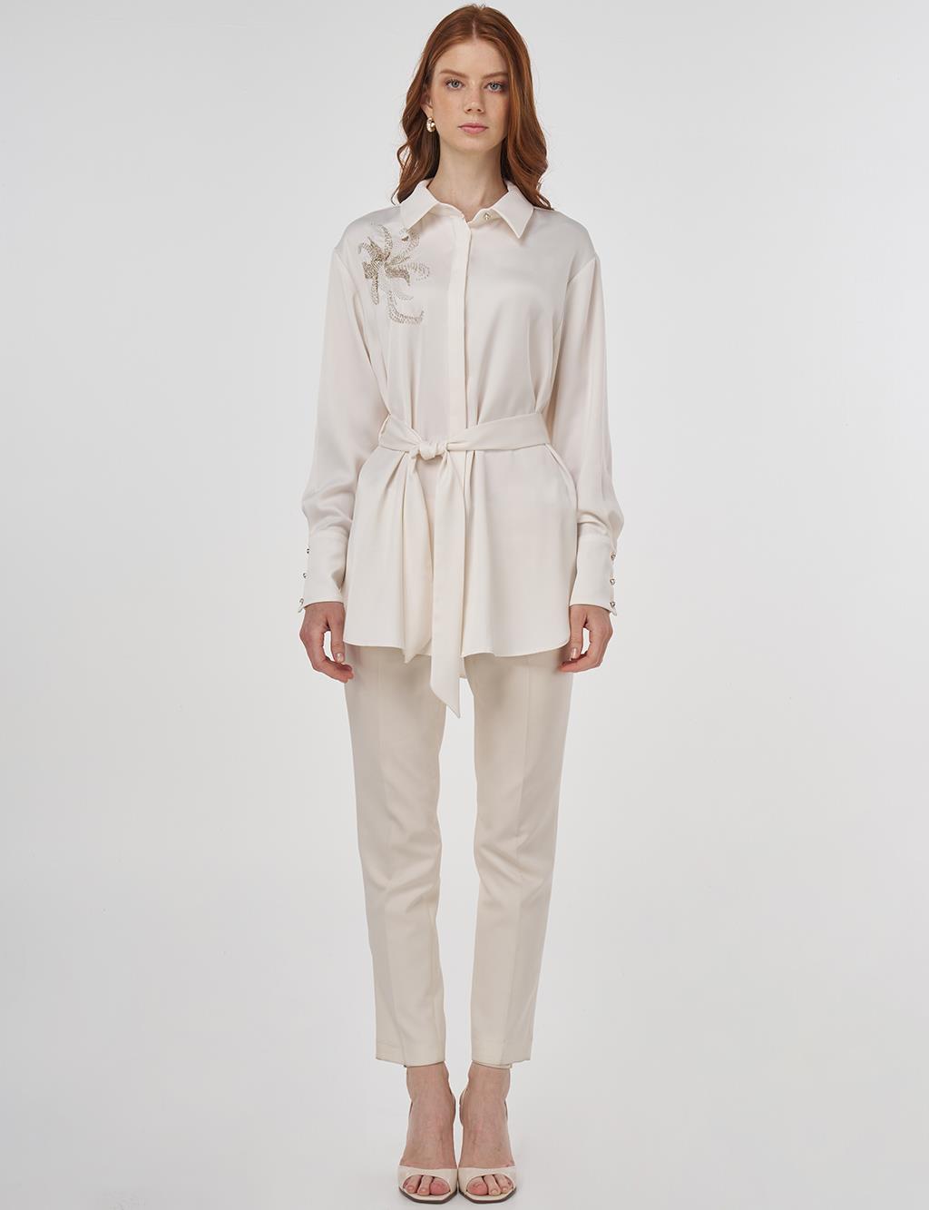 Embroidered Belted Satin Tunic in Ecru