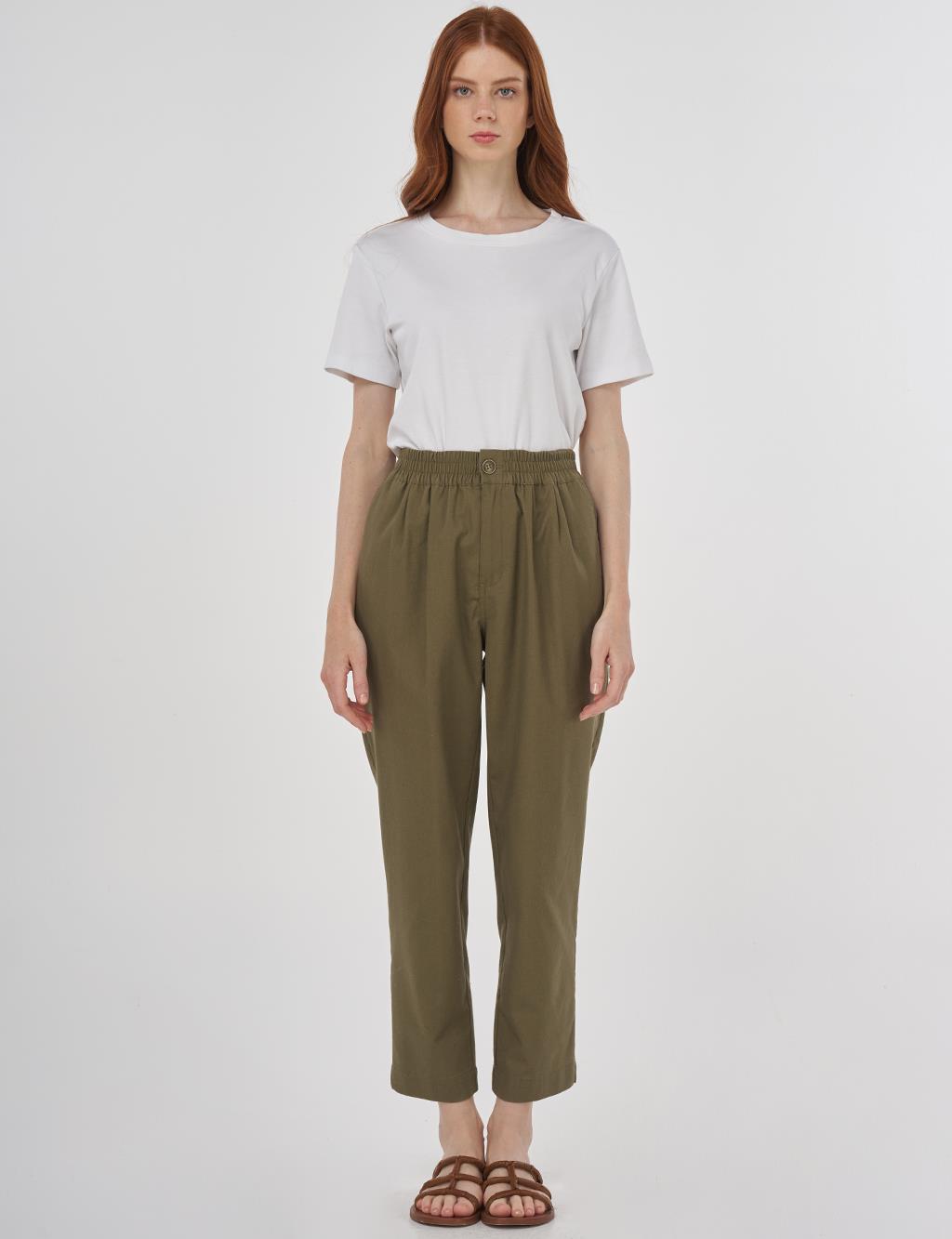 Elasticated Waist Straight-Leg Pants Khaki 