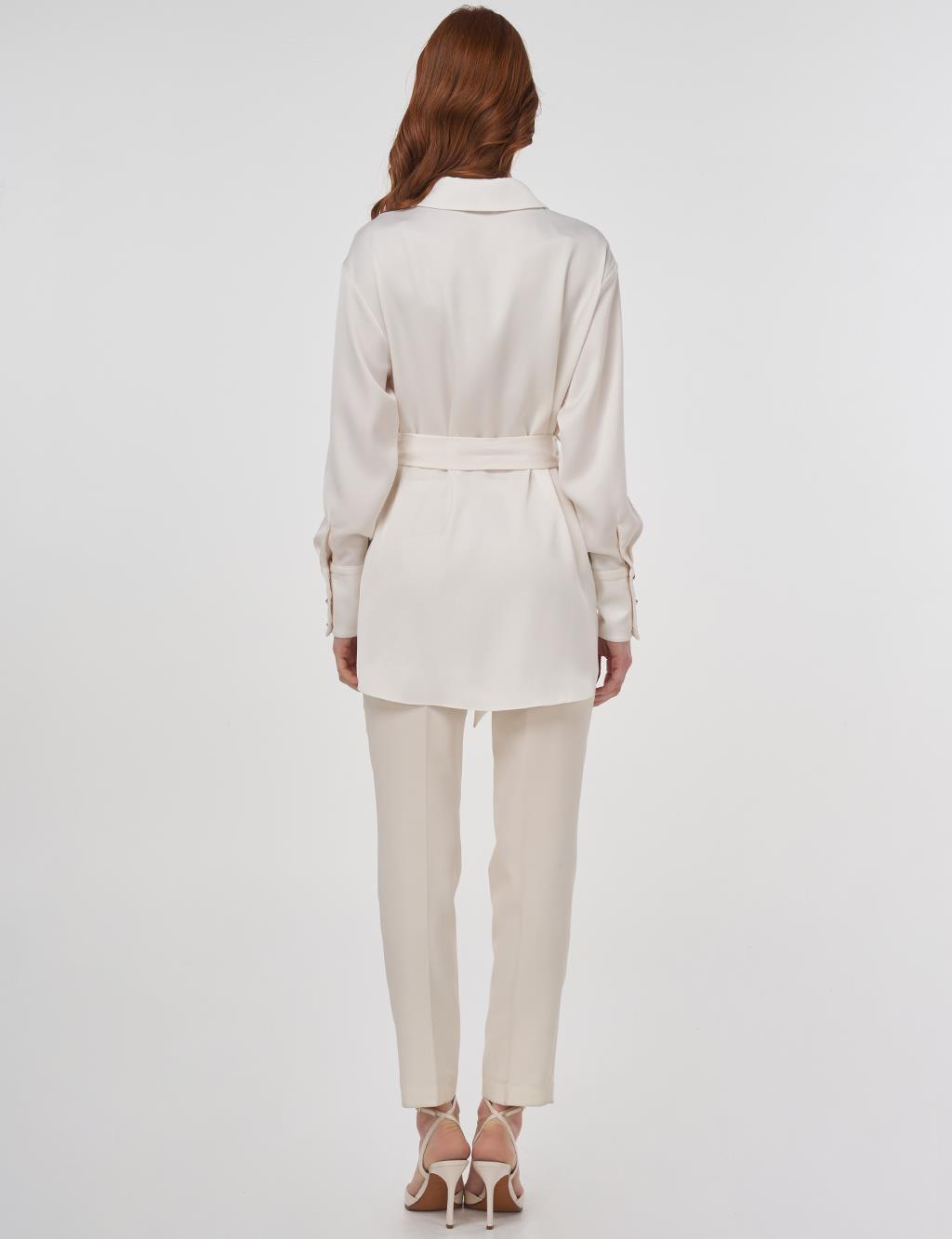 Embroidered Belted Satin Tunic in Ecru