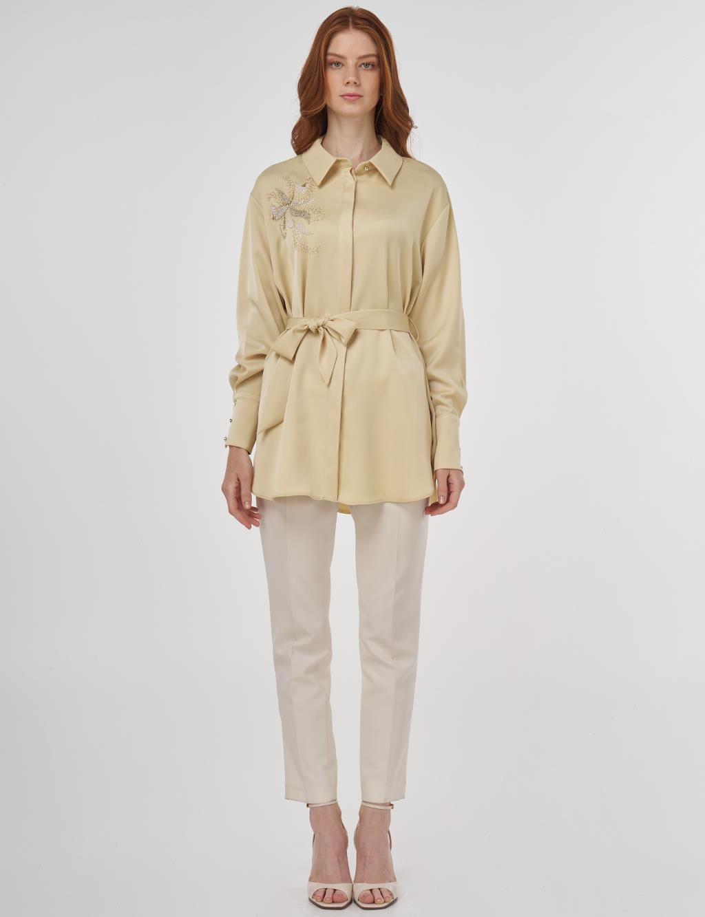 Embroidered Belted Satin Tunic in Light Yellow